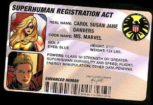 Superhuman registration card that all superheroes had to carry when SRA was enforced